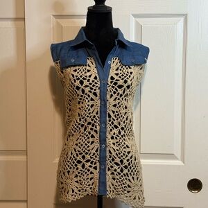 Super Chic Blue Denim and Cream Crochet Lace Women's Top